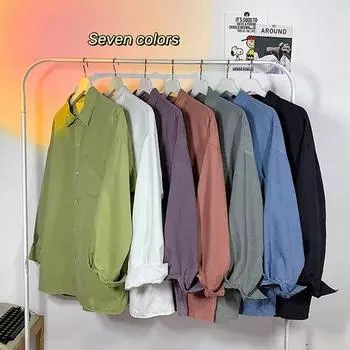 2024 Однотонная рубашка с длинными рукавами, свободная рубашка, мужская летняя тенденция, универсальная повседневная куртка M коричневый