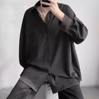 2024 Однотонная рубашка с длинными рукавами в японском стиле Гонконга Ins Свободная рубашка Мужская летняя трендовая универсальная повседневная куртка M чёрный