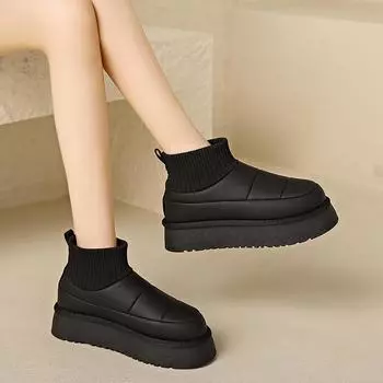 2024 Однотонные женские ботинки Новые женские теплые плюшевые зимние кожаные ботинки на высоком каблуке Спортивная обувь на толстой подошве Ботильоны 35 бежевый