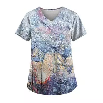 2024 Одуванчик Принт Медицинская Униформа Медсестры Топы С Коротким Рукавом V-образный Вырез Накладные Карманы Униформа Медсестры Женская Рабочая Одежда S