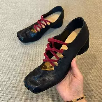 2024 Оригинальные женские туфли для танцев с квадратным носком 2024 Весенние туфли Мэри Джейн на толстом каблуке Роскошные балетки из натуральной кожи 35 чёрный