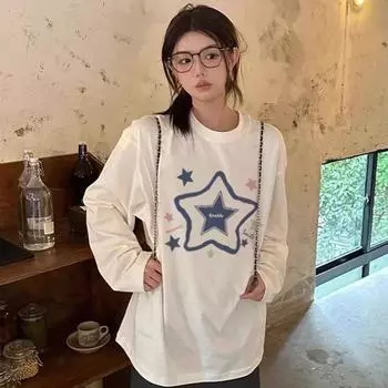 2024 осень 90-х Y2k футболка с длинным рукавом смешная белая рубашка женская футболка с принтом звезд Harajuku Graphic Tshirt Aesthetic Tops Tee Female M