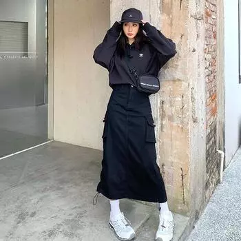 2024 Осень Американская рабочая одежда карман джинсовая юбка, женская кулиска регулируемая длина А-силуэта длинная юбка XS чёрный