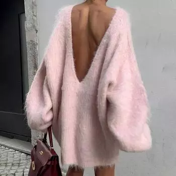 2024 Осень Длинный рукав Сексуальный Большой Спина Вязаный свитер Платье Для Женщин Модный Однотонный Свободный свитер Пуловер Уличная Одежда S белый