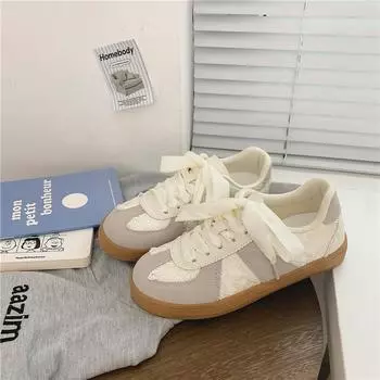 2024 осень дышащие студенческие новые дышащие маленькие белые туфли женские корейская версия универсальные кружевные тренировочные туфли в стиле Гонконга 35 бежевый