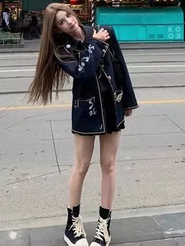 2024 Осень Джинсовые Винтажные Куртки Женские Классические Элегантные Круглые Воротники Свободные Пальто Корейская Мода Длинные Рукава 2000-х Ретро Верхняя Одежда S синий