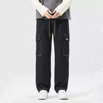 2024 Осень Джинсы Карго Мужские Широкие Джинсовые Брюки Свободные Джинсы Прямые Мешковатые Мужские Джинсы Хип-Хоп Уличная Одежда Нейтральные Джинсовые Брюки M чёрный