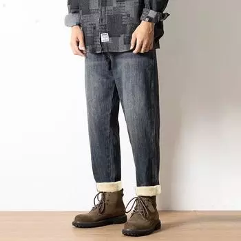 2024 Осень и зима 2024 г. Толстые джинсы-шаровары с флисовой подкладкой, мужские свободные ретро-потертые модные брендовые зауженные потертые повседневные брюки 28 синий