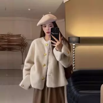 2024 осень и зима экологически чистый мех короткая куртка женственность маленький ароматный стиль круглый вырез имитация норки мех интегрированный XS