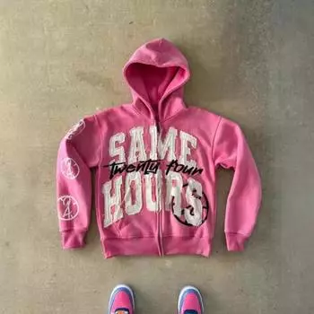 2024 осень и зима американская ретро уличная куртка с буквенным узором в стиле Харадзюку, толстовка с капюшоном, мужская свободная повседневная однотонная куртка для мужчин L чёрный