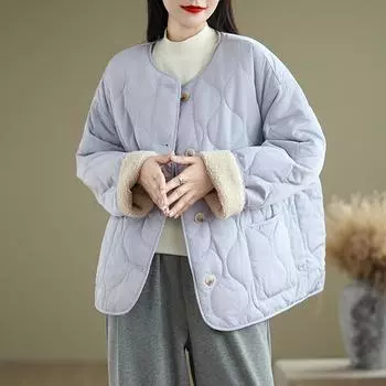 2024 осень и зима большой размер новый литературный и художественный утолщенный пиджак куртка на хлопковой подкладке женская утепленная теплая короткая куртка на хлопковой подкладке M синий