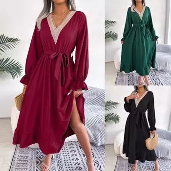 2024 осень и зима Европейский и американский темперамент V-образный вырез кружева талия оборка края длинное платье в стиле ins платье с высокой талией S бордовый