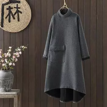 2024 осень и зима корейская версия ретро литературного и художественного веера с высоким воротником и нерегулярной длинной юбкой свободного кроя с длинными рукавами M серый