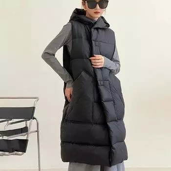 2024 осень и зима мода белый утиный пух шапка волшебник средний и длинный пуховой жилет женский жилет теплый жилет свободное пальто S чёрный