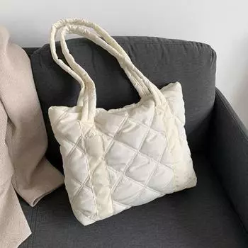 2024 осень и зима мода ромбовидный пуховый материал женская сумка большая вместительная сумка сумка для покупок сумка для студента колледжа чёрный