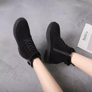 2024 осень и зима модные женские ботинки на шнуровке плоские женские туфли замшевые короткие ботинки на среднем и низком толстом каблуке ботинки Martin 35 чёрный