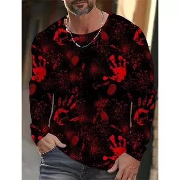 2024 Осень и зима Мужская футболка с длинным рукавом на Хэллоуин с 3D-принтом и кровавым принтом Мужская уличная одежда с круглым вырезом и длинным рукавом S