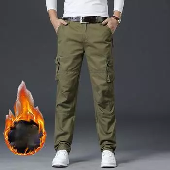2024 Осень и зима мужские брюки с плюшем и плотные рабочие брюки, многокарманные мужские повседневные уличные универсальные 28