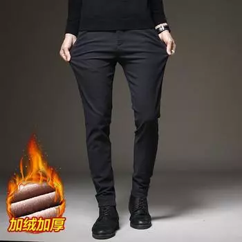 2024 осень и зима мужские плюшевые/обычные повседневные брюки универсальные облегающие брюки для костюма легкие деловые брюки длинные брюки 28 чёрный