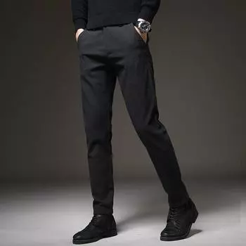2024 осень и зима мужские плюшевые/обычные повседневные брюки универсальные облегающие брюки для костюма легкие деловые брюки длинные брюки 28 чёрный