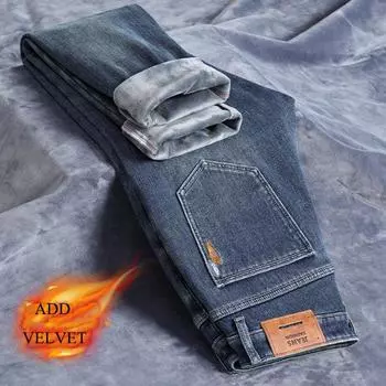 2024 осень и зима мужские плюшевые утолщенные теплые облегающие эластичные модные брендовые универсальные повседневные длинные джинсовые брюки 28