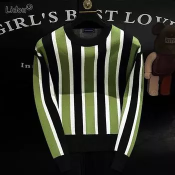 2024 Осень и зима мужской пуловер с круглым вырезом в полоску модный свободный свитер вязаный повседневный пригородный топ с длинными рукавами S