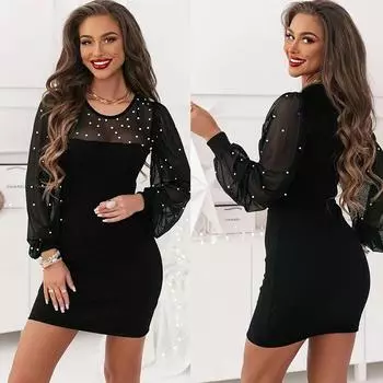 2024 осень и зима, новая европейская и американская женская одежда, однотонное элегантное платье с круглым вырезом и кружевом из бисера S чёрный