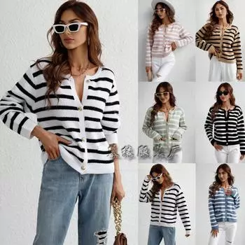 2024 Осень и зима Новая европейская и американская мода Свободный женский полосатый вязаный свитер однобортный кардиган свитер S белый