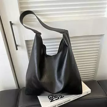 2024 осень и зима новая корейская версия темперамент модная большая вместительная мягкая кожаная сумка-ведро подмышками для поездок на работу женская чёрный