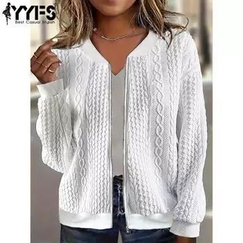 2024 Осень и зима Новая куртка-бомбер на молнии Повседневная однотонная куртка с длинным рукавом Свитер Пальто Женская одежда S белый