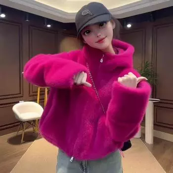 2024 осень и зима новая маленькая короткая женская меховая куртка свободная утолщенная студенческая шерстяная кофта розового цвета S