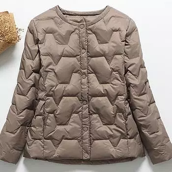 2024 осень и зима новая мода круглый вырез легкий электрокардиограмма машинная стежная гладильная линия однобортный пуховик женский M темно-коричневого