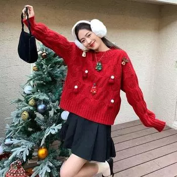 2024 осень и зима новая мода круглый вырез длинный рукав вышитый однотонный пуловер женский джемпер повседневный сладкий сотня топов S красный