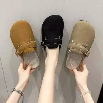 2024 осень и зима новая мода ленивый мешок голова пряжка Бокен обувь универсальные бархатные утолщенные тапочки Мюллер обувь женская 35 чёрный