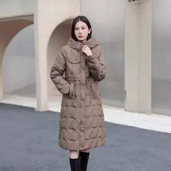 2024 осень и зима новая мода ромбовидный пуховик с капюшоном длинный до колена утолщенный пуховик куртка на шнуровке женская одежда S