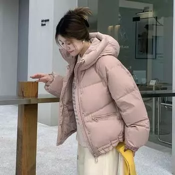 2024 осень и зима новая мода с капюшоном короткая белая утиная пуховая утолщенная хлебная одежда зимняя теплая куртка прилив average size чёрный