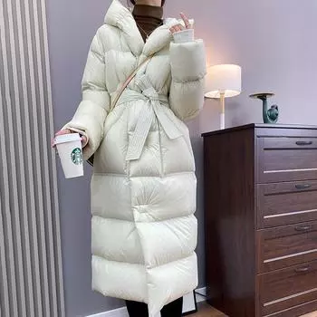 2024 осень и зима новая мода с капюшоном утолщенный пуховик длинный женский белый утиный пух зимняя теплая куртка прилив S чёрный