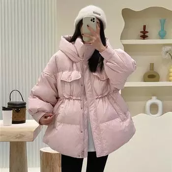 2024 осень и зима новая мода Тондэмун пуховик с капюшоном женская короткая талия куртка-хлеб белый утиный пуховик прилив S чёрный
