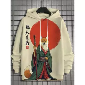 2024 Осень и зима Новая мужская толстовка с капюшоном в стиле японского самурая с изображением всего тела в стиле сиба-ину, унисекс, повседневная модная мужская толстовка с капюшоном S