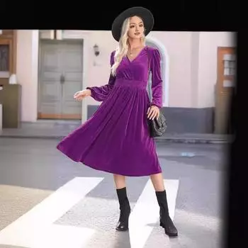 2024 осень и зима новая однотонная верхняя одежда с длинными рукавами платье пригородное с V-образным вырезом плиссированное длинное платье с высокой талией женское S фиолетовый