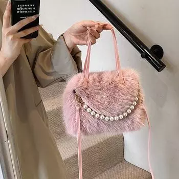 2024 осень и зима новая плюшевая сумка модная сумка-мессенджер с жемчужной цепочкой ins интернет знаменитости высокая стоимость маленькая квадратная сумка 24*8*16 белый