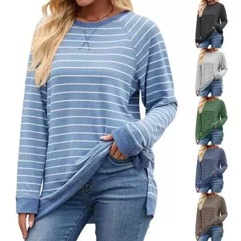 2024 Осень и зима Новая полосатая контрастная круглая горловина с длинными рукавами свободная повседневная футболка для женщин S чёрный/кофейный