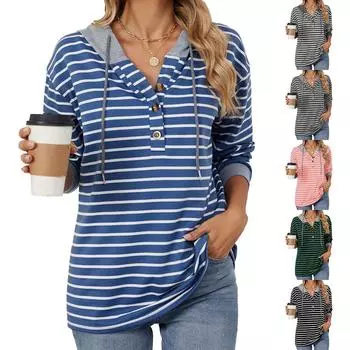 2024 Осень и зима Новая полосатая контрастная вязка с капюшоном и длинными рукавами Свободная толстовка для женщин S темно-синий