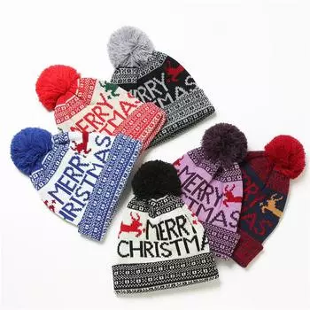 2024 Осень и зима Новая рождественская шапка с милыми буквами оленя, пушистый шарик вязаная теплая шапка украшение One Size