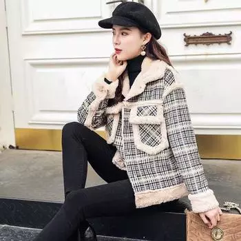 2024 осень и зима новая шерстяная куртка женская короткая плюшевая утолщенная версия свободная и тонкая универсальная клетчатая куртка прилив 2XL 140-77.5 kg хаки