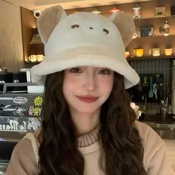 2024 осень и зима новая шляпа-ведро с медведем плюшевая женская теплая милая повседневная шляпа мультяшная универсальная шляпа-ведро M56-58cm
