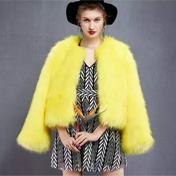 2024 осень и зима новая шуба из искусственной норки с коротким круглым вырезом и длинными рукавами утолщенное модное повседневное пальто S жёлтый