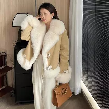 2024 осень и зима новая шуба из цельного меха лисы женская короткая натуральная шерсть модная и тонкая молодая иностранная мода S