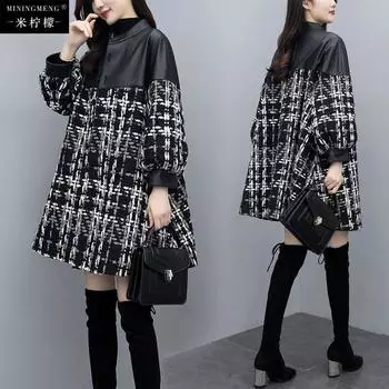 2024 осень и зима новая свободная кожаная куртка сшитое твидовое пальто средней и длинной длины черное клетчатое шерстяное пальто для женщин M 90-105 чёрный