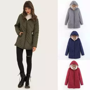 2024 осень и зима новая теплая одежда с капюшоном из овечьей шерсти с длинными рукавами и хлопковой подкладкой куртка большого размера женская средняя и длинная с капюшоном повседневная S чёрный